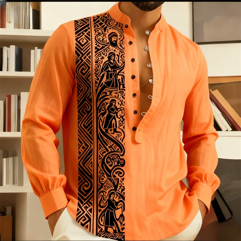 

Men's long sleeved ethnic style printed shirt | Pink black traditional pattern | Office/event business casual formal shirt