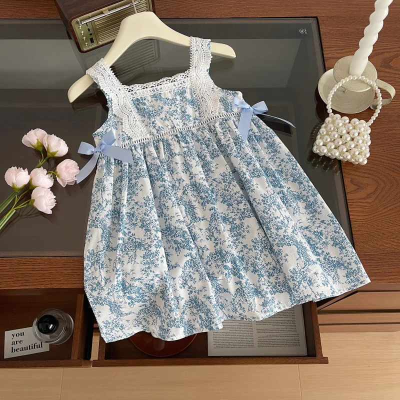 

2024Summer New Girls' Lace Sling Dress Girls' Small Sling Chinese Floral Skirt