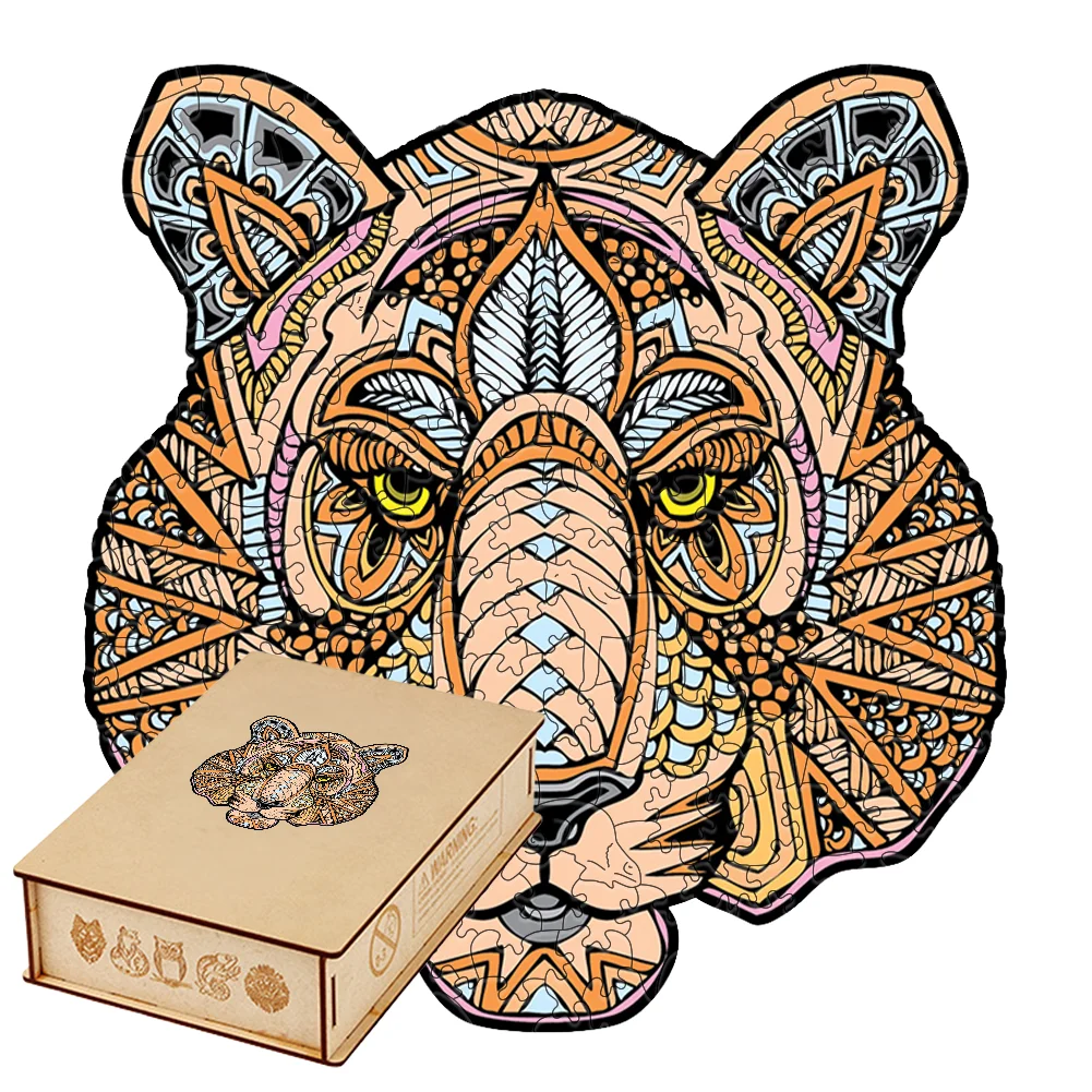 

Vintage Tiger Head 3D Wooden Puzzles for Adults Mandala Totem Shaped Wood Jigsaw Puzzle Brain Teasers Hobby Craft Gift Decor