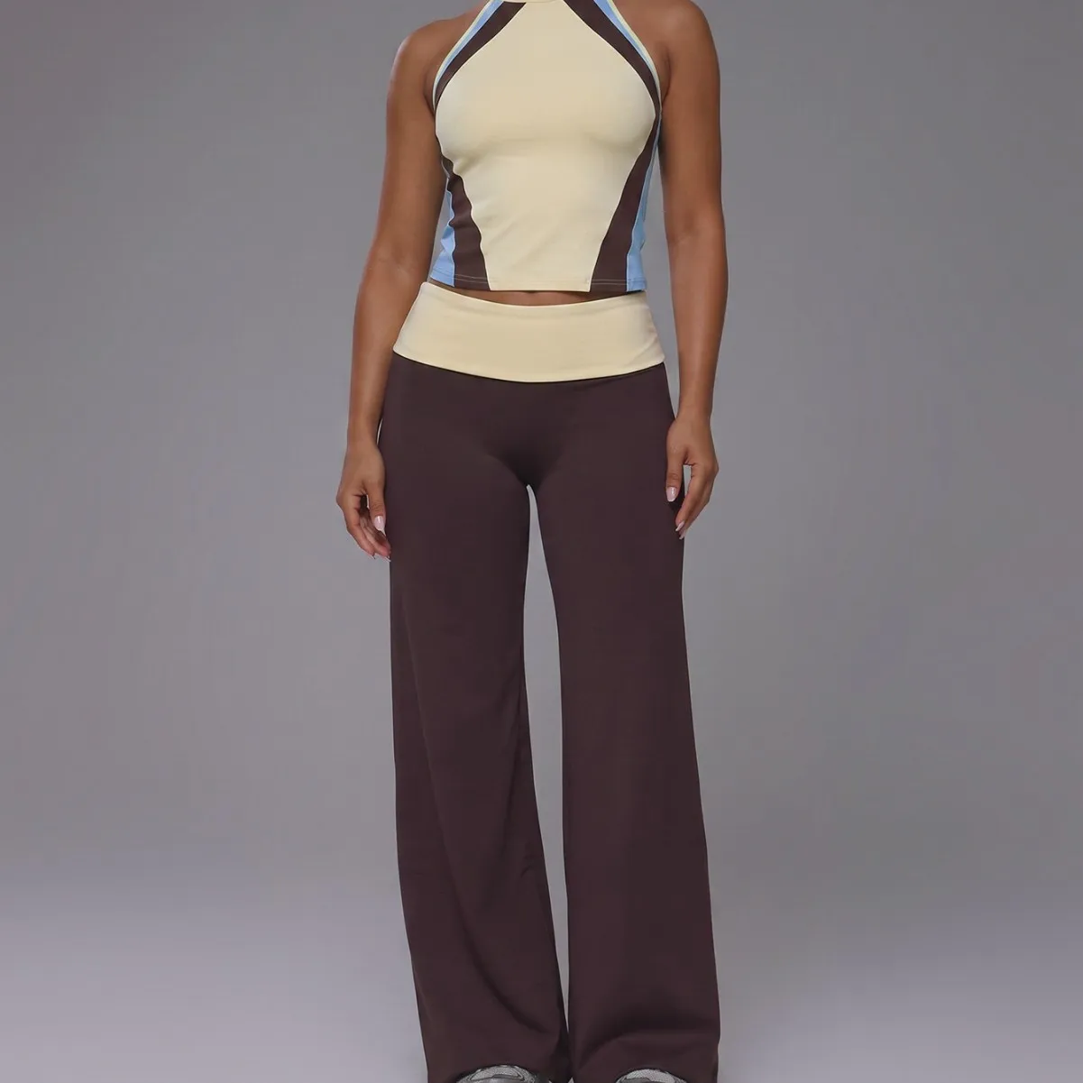 Women 2Pcs Yoga Sets Color Block Workout Set Halter Crop Tank Top Fold Waist Brown Wide Leg Pants Casual Gym Activewear Outfit