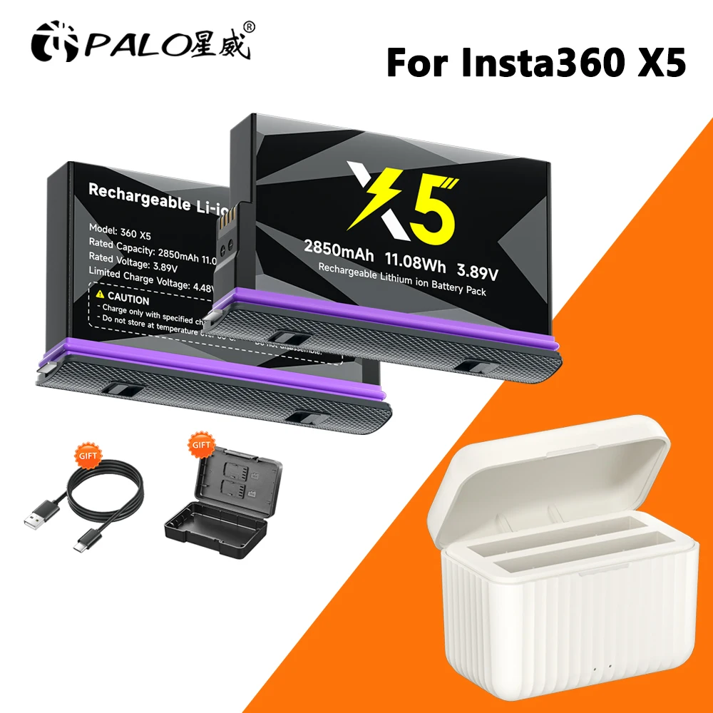 2850mAh for Insta360 X5 Replacement Battery with 2 Slot LED Fast Charger Box for Insta 360 X5 Action Camera Accessories
