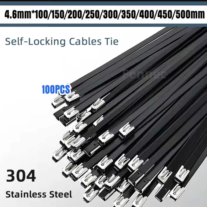 100PCS Metal Black Stainless Steel Cable Ties 4.6mm Self-locking Zip Ties Heavy Duty Locking Wire Ties for Exhaust Pipe Binding