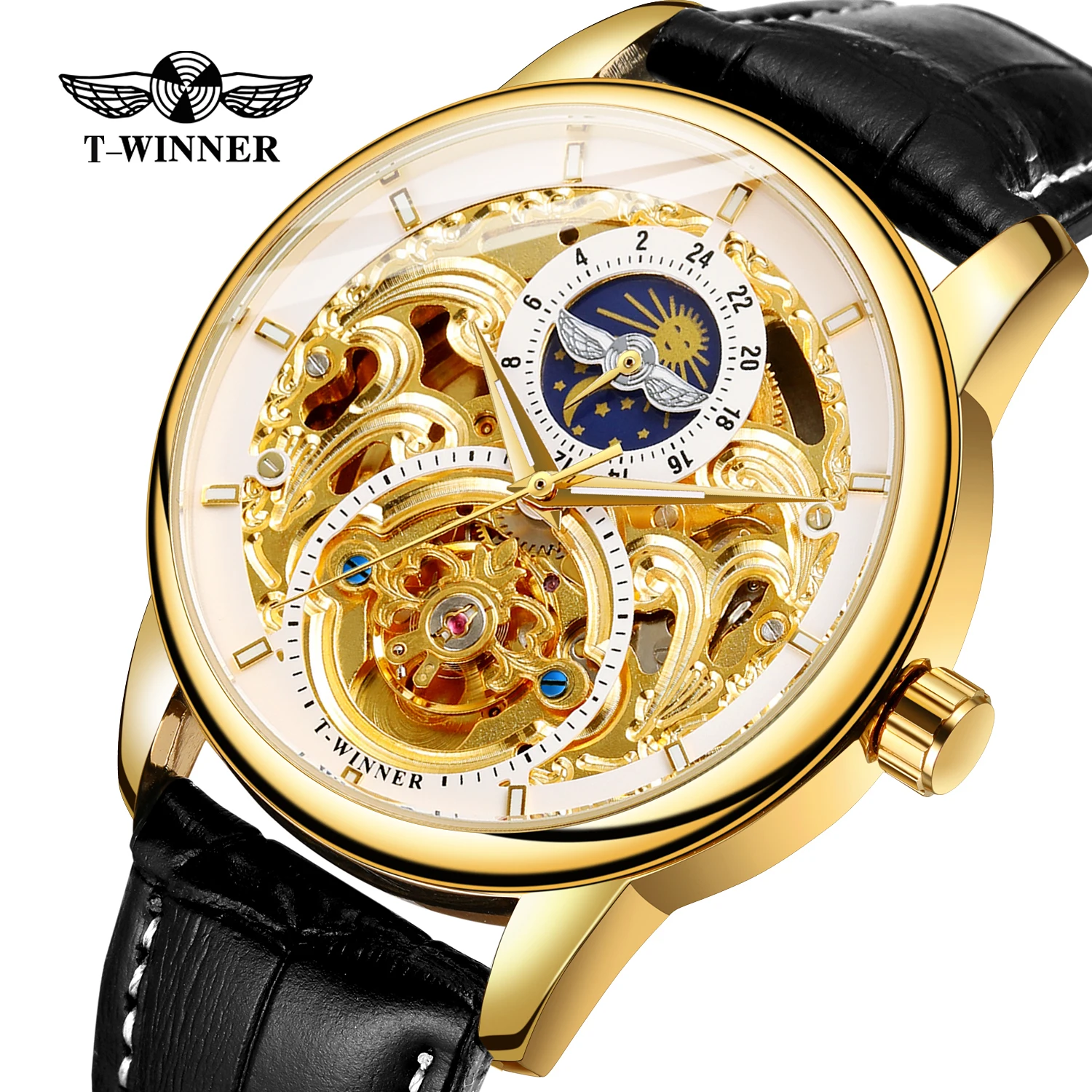 High-End Luxury Man Watch WINNER Official Gold Skeleton Moon Phase Mechanical Automatic Men\'s wristwatch Leather Dive Male Clock