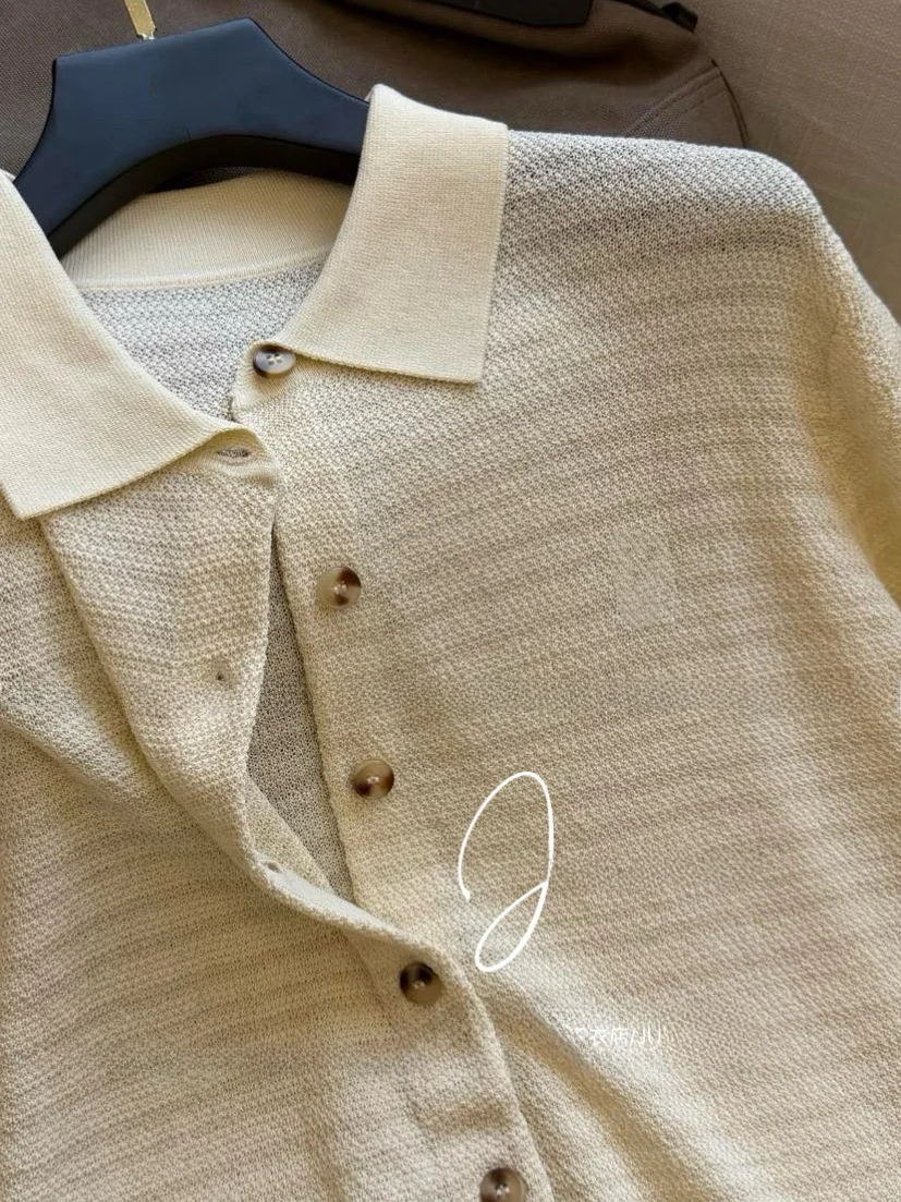 

Slimming Effect Linen Shirt 14 Needle Knitted Button Lightweight Loose Fit Women's Top French Style Embroidered Turn-down Collar