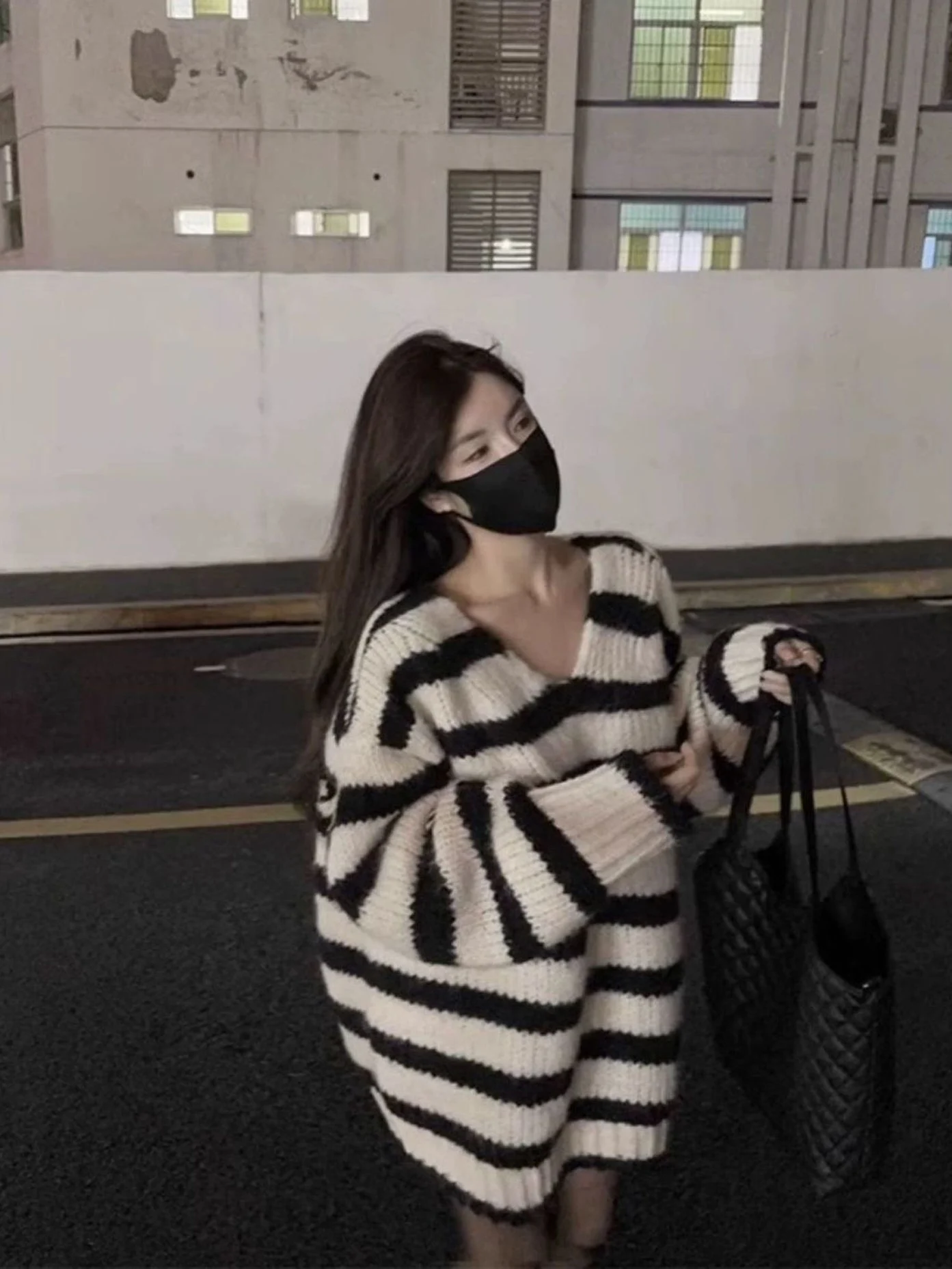 Korean Style Shoulder Bared Long Striped Sweater Women's Loose Knitted Shirt Trendy Lazy Middle Length V Neck  Color
