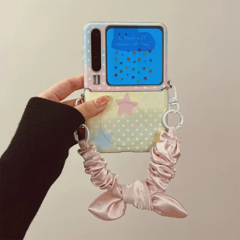 Cute Magnetic Leather Phone Case For Samsung Z Flip8 7 6 5 /Mix Flip /Moto Razr70 Cover With Silk Bow Strap & Crossbody Lanyard