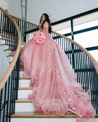 Lorencia Light Pink Ball Gown Quinceanera Dress 2023 3D Flowers Princess Sweet 16 Dress vestidos Birthday Party Gown YQD87