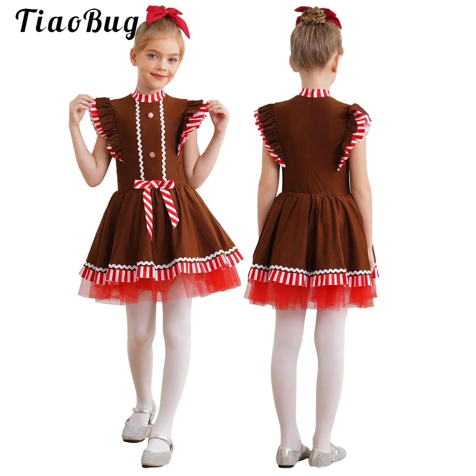 

Gingerbread Man Cosplay Costumes Ballet Dance Tutu Dress Striped Bowknot Ruffle Trim Dance Leotard Dress for Halloween Christmas