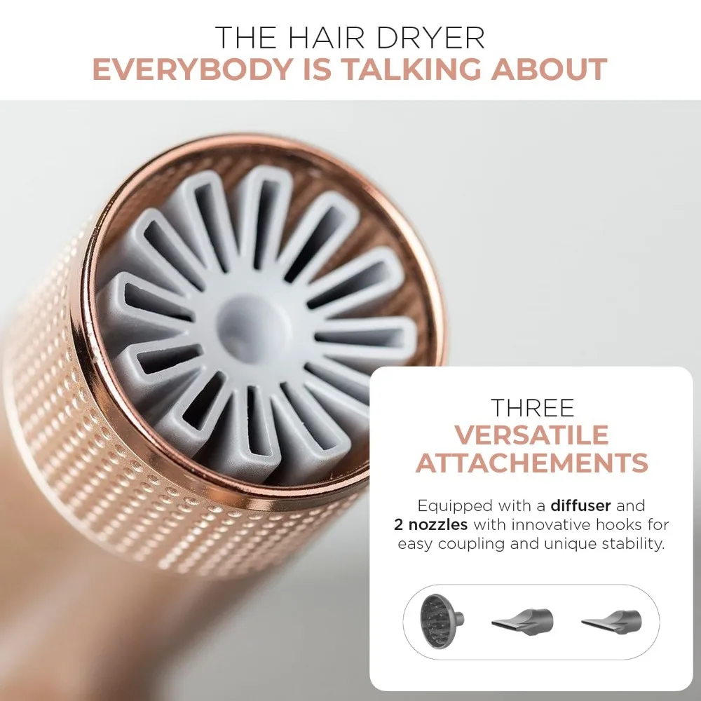 Hair Dryer Rose Gold - IQ Perfetto Lightweight, Powerful Pro Salon Blow with Diffuser & 2 Concentrator Nozzle Attachment Tools