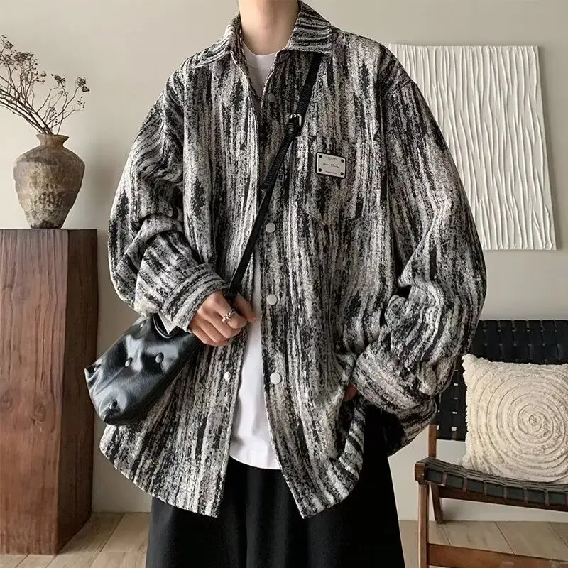 

Men Tie-dye Shirt Jacket Spring and Autumn New American Trendy Cardigan Loose Striped Top