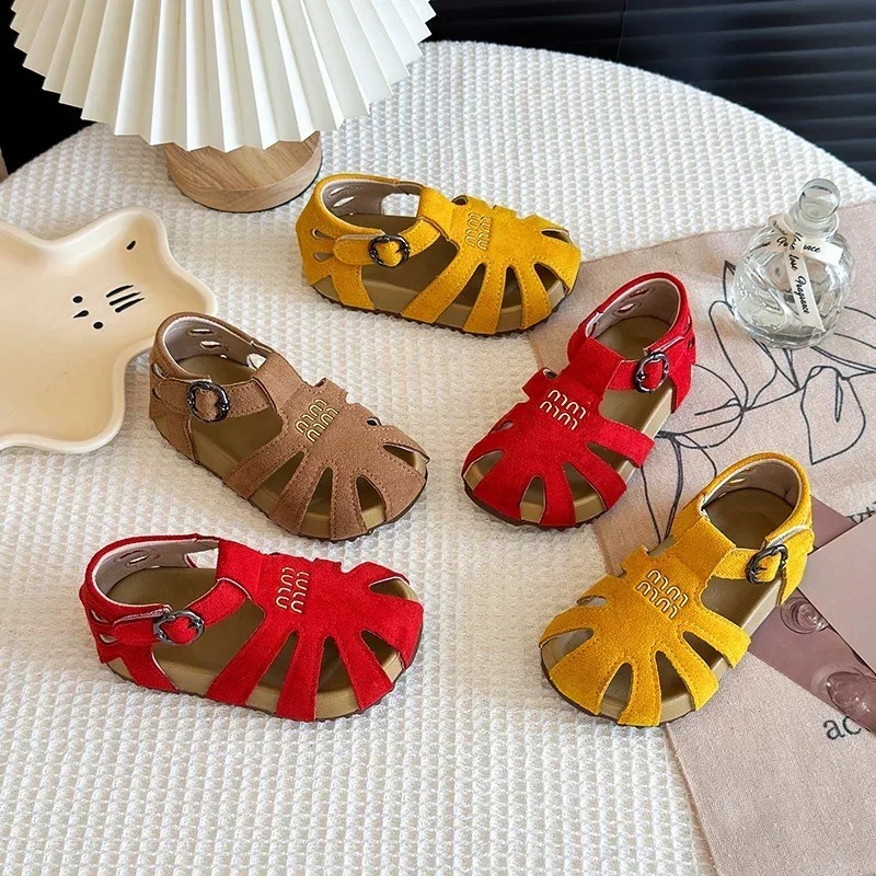 

2025 ONG Genuine Leather Hollow Out Flat Roman Sandals Versatile Casual Cage Oes Mid Heel Round Toe Summer Faion Children's Oes