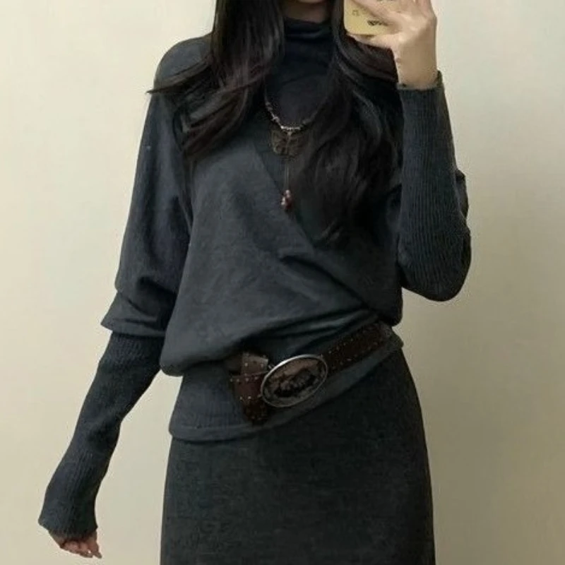 

American Vintage Slim Batwing Sleeve Autumn Sweaters Y2k Pure Color Subculture Casual Long Sleeve Pullovers T Shirts 2000s Chic