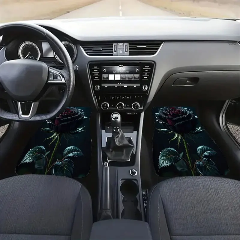 4 Stylish Rose-Patterned Car Floor Mat Sets, Crystal Velvet Anti-Slip Design, Decorate The Interior Space, Effectively Collect H
