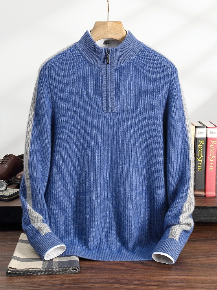 

100% Cashmere Sweater Men's Semi High Neck Zipper Knitted Pullover Casual Thick Long Sleeved Top Autumn Winter Men's wear