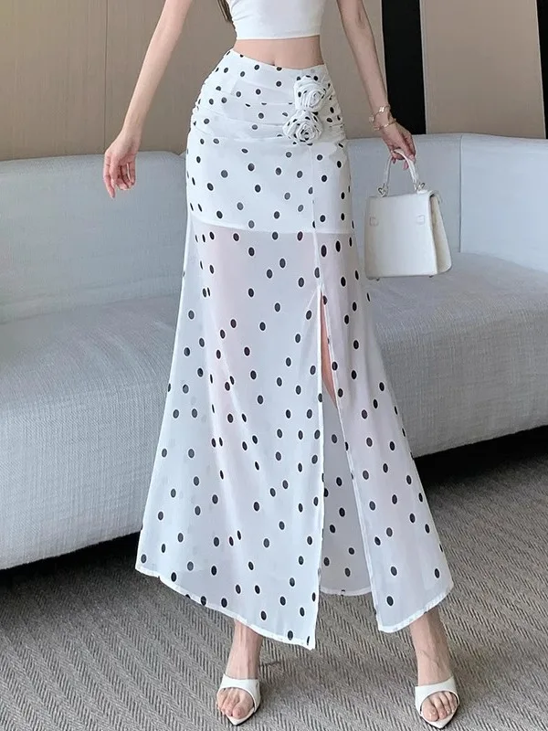 

Summer Polka Dot 3D Flower Half Skirt Women's Wrap Bodycon Long Skirt Chiffon High Waist Zipper Style Slim Fit mid Length