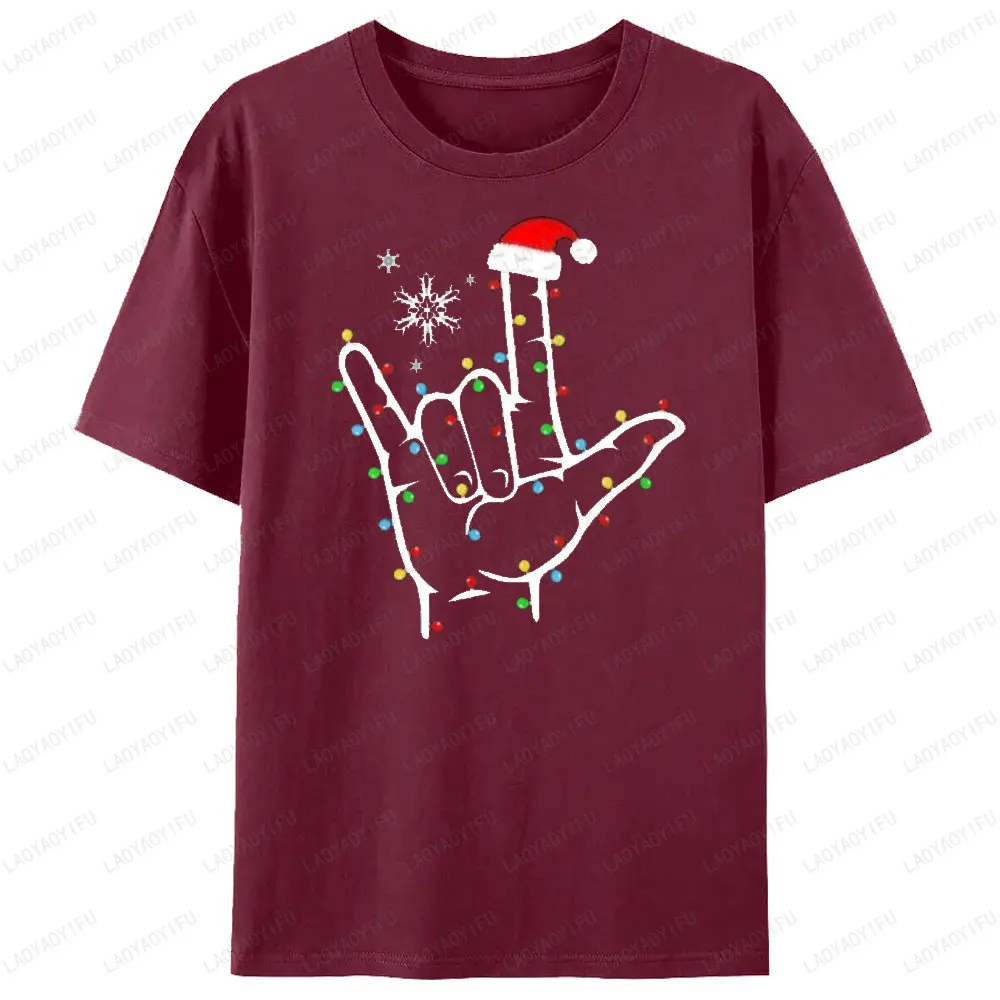 Asl أنا أحبك علامة اليد قبعة عيد الميلاد تي شيرت مطبوع أضواء عيد الميلاد الجرافيك تي شيرت لغة الإشارة هدية للرجال والنساء بلايز #4