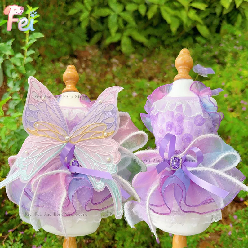 

Purple Butterfly Fairy Wing Lace Princess Dress Summer Pet Dog Clothes for Small Medium Dogs Handmade Fashion Puppy Clothing