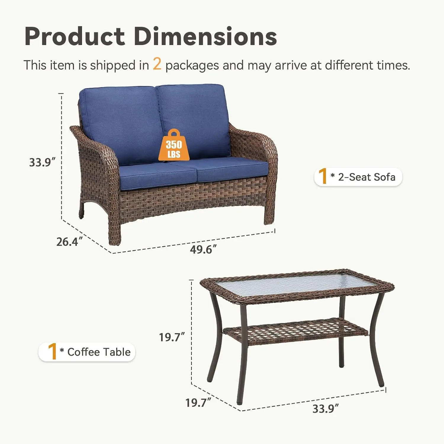 Outdoor Wicker Loveseat Set, 4-Inch Olefin Cushions & Curved Armrests, 300 lbs Rattan Patio Furniture for Garden & Backyard, Blu