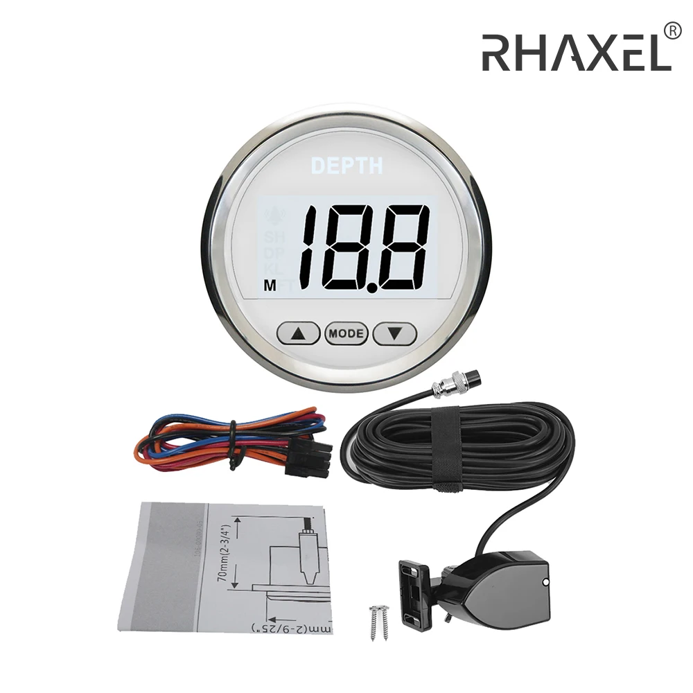 RHAXEL 52mm Digital Depth Gauge Indicator with Transducer White Backlight for Yachts Fishing Boats 12V for Boat Vessels