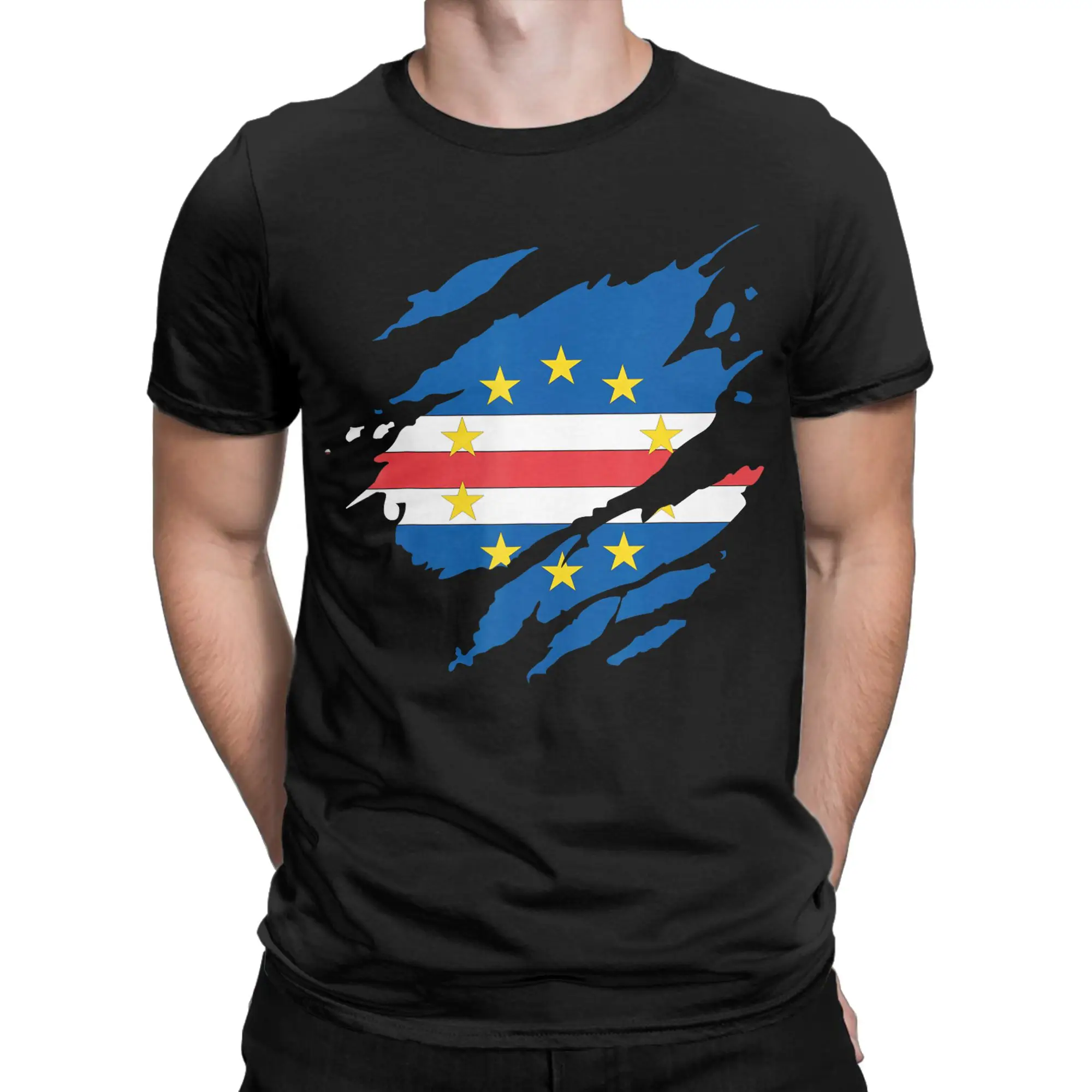 Cape Verde Flag Cabo Verde T-Shirt Men  Leisure Pure Cotton Tee Shirt Crewneck Short Sleeve T Shirts Unique Clothes