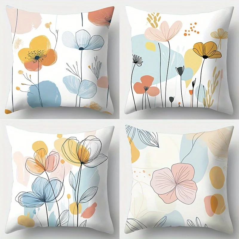 Set of 4 Abstract Floral Watercolor Print Pillowcases 40x40cm Boho Scandi Decorative Cushion Covers for Modern Bedroom Throw Pil