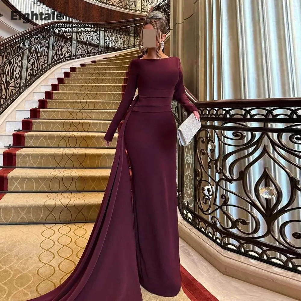 

Eightale Arabic Evening Dress O-Neck Prom Gown Customized Stretchy Satin Long Sleeve Wedding Party Dress Mermaid Robes De Soirée