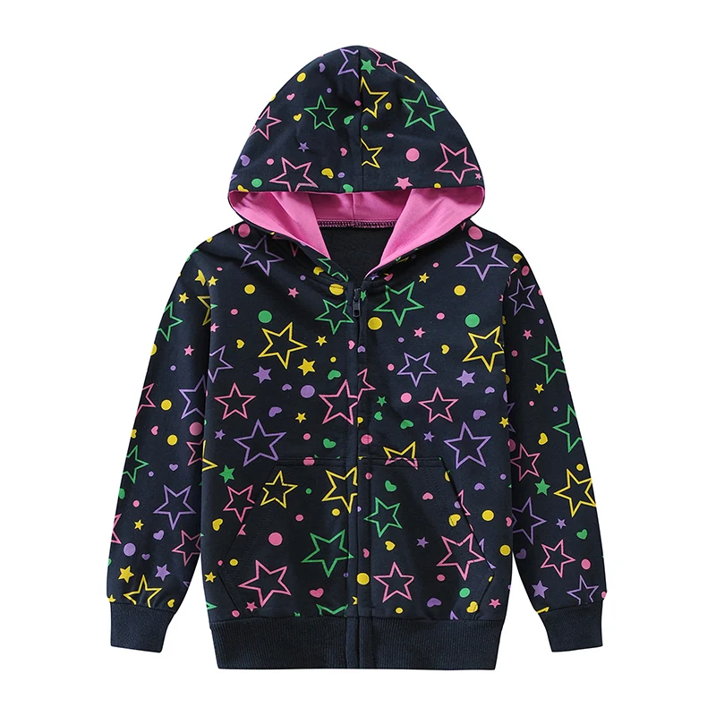 Little Hand Girls Zip‑Up Hooded Jacket Colorful Star Kids Long‑Sleeve Casual Outerwear Sweatshirt Coat  with Pocket 2‑7Y Toddle