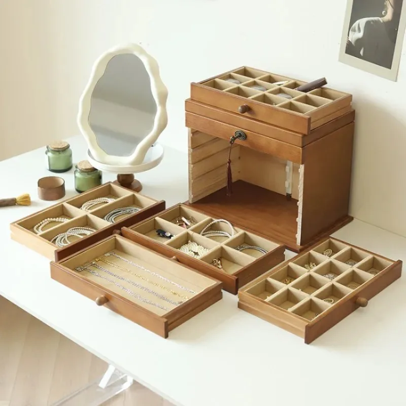 Solid Wood Jewelry Storage Box Lockable Jewelry Organizer Case Desktop Ring Storage Boxes Large Capacity Earrings Bracelet Cases