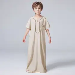 Boys Middle Eastern Traditional Thobe Boys Kaftan Ramadan Muslim Arab Dubai Malaysian Loose Embroidery Kids Clothing