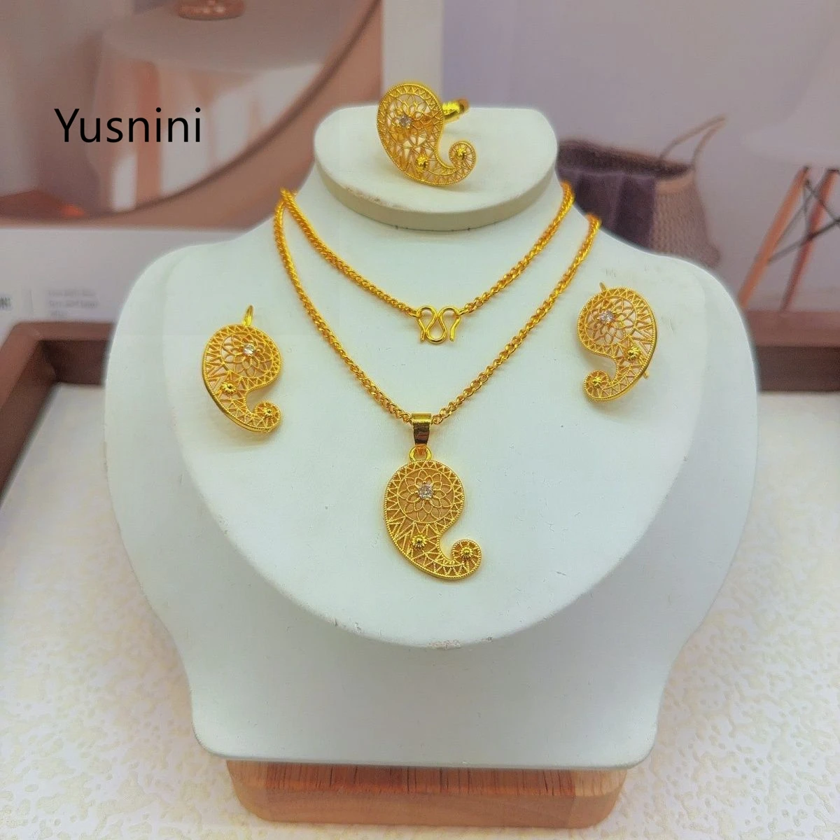 New Fashion High-End Dubai 24K Gold Plated Necklace Earrings Ring Romantic Wedding Party Jewelry Set for Lover 555 - view 4