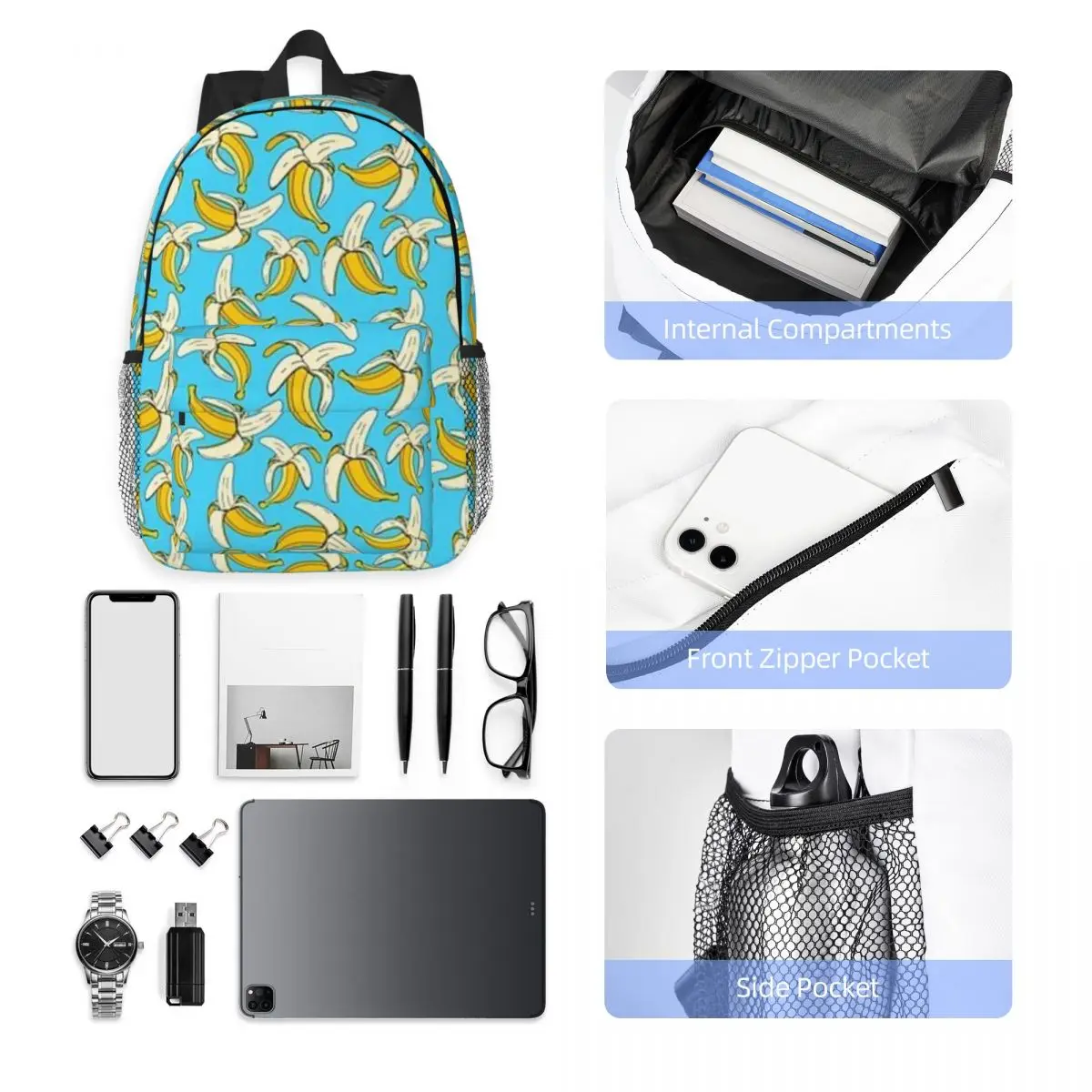 Banane su Aqua Blue Food theme Pattern muslimah zaini adolescente Bookbag studenti borsa da scuola zaino da viaggio borsa a tracolla