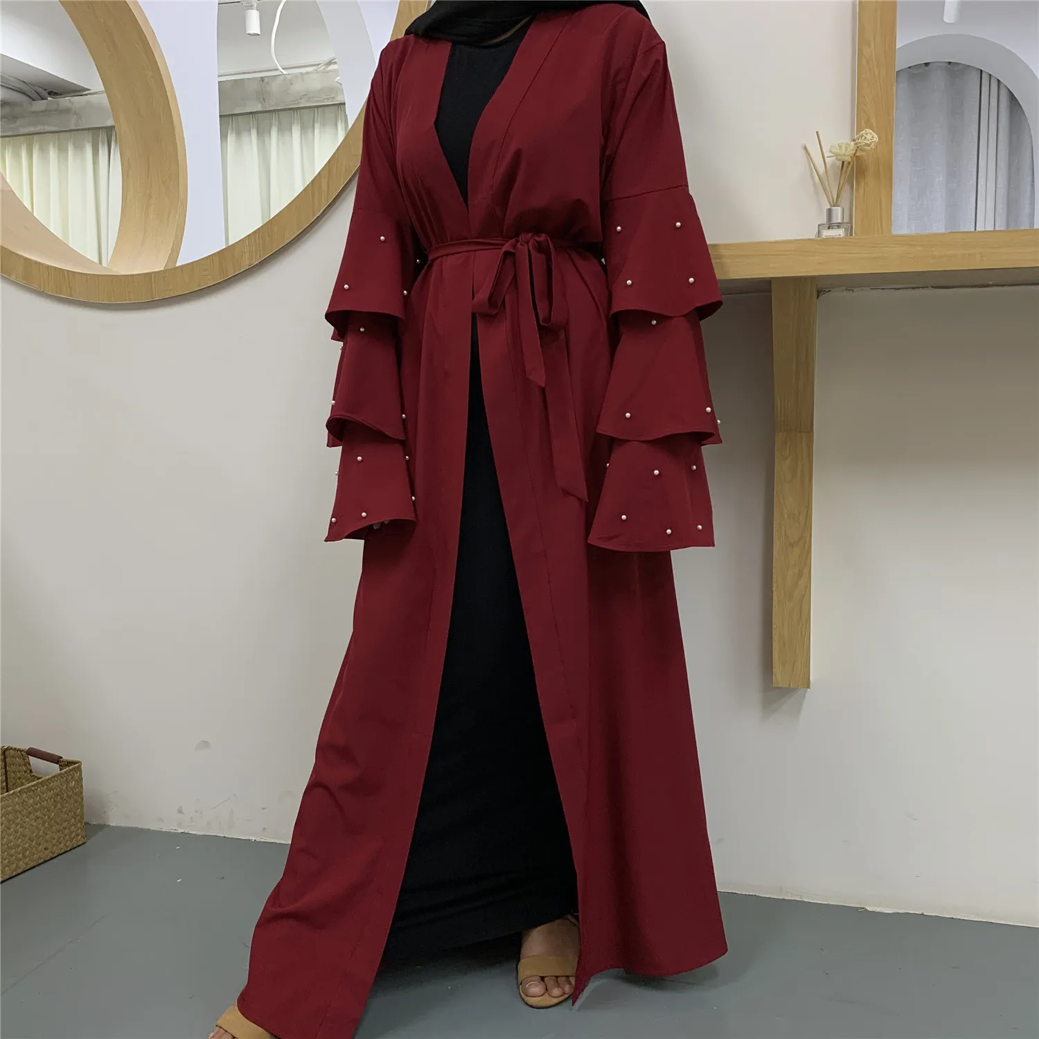 Cardigan Abaya for Women Fashion Beaded Multi-layer Trumpet Sleeve Robes Clothes for Muslim Dress Women Caftan Islam Clothing