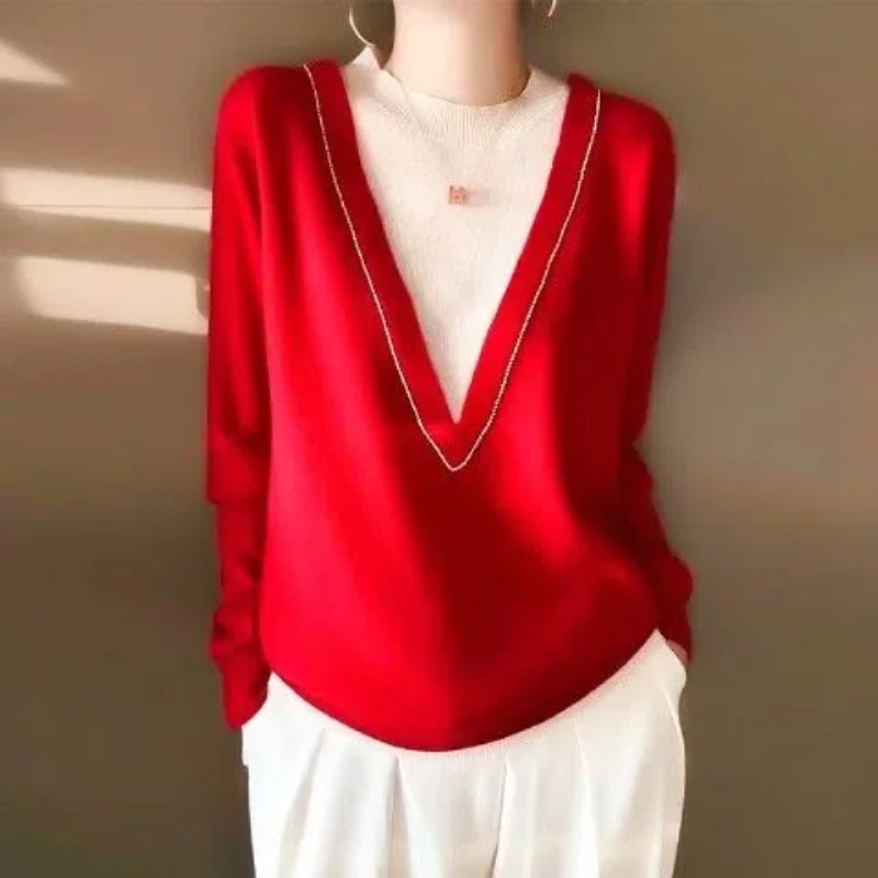 

Anyan Spring New Product Color Match Fake Two Heavy Industry Nail Beads New Year's Clothing Red Sweater Trendy Multi Color