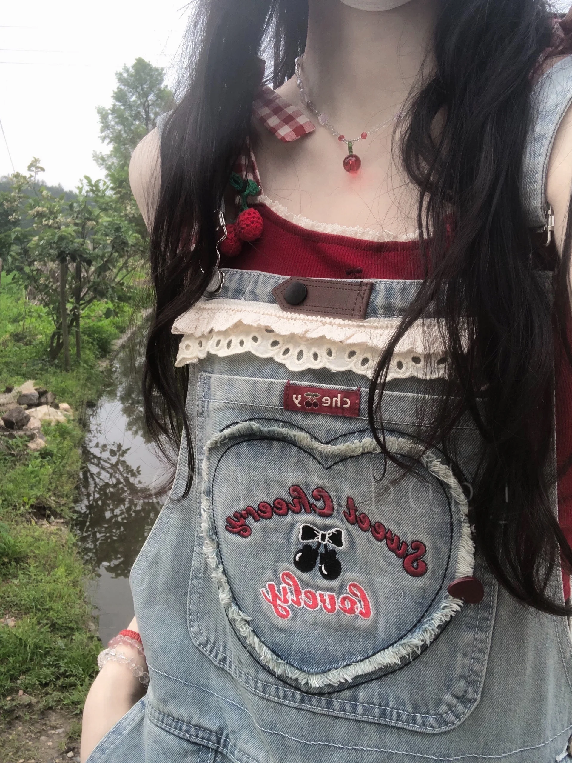 

Summer Loose Denim Overalls Women's Adorable Student Straight Leg Jumpsuit Cherry Tiancai High Waist Classic Wa Light Color