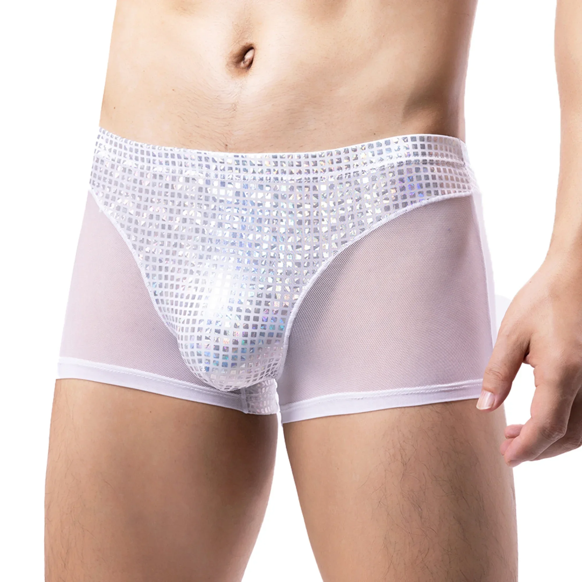 New Color Sequin Mesh Splicing Mens Low Waist Shorts Sexy Men's Jockstrap Underpants Ultra-thin See Through Breathable Underwear