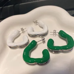 Brass Green White Enamel Irregular Triangle Hoop Earrings Women Jewelry Punk Designer Club Cocktail Party Boho Japan Korean