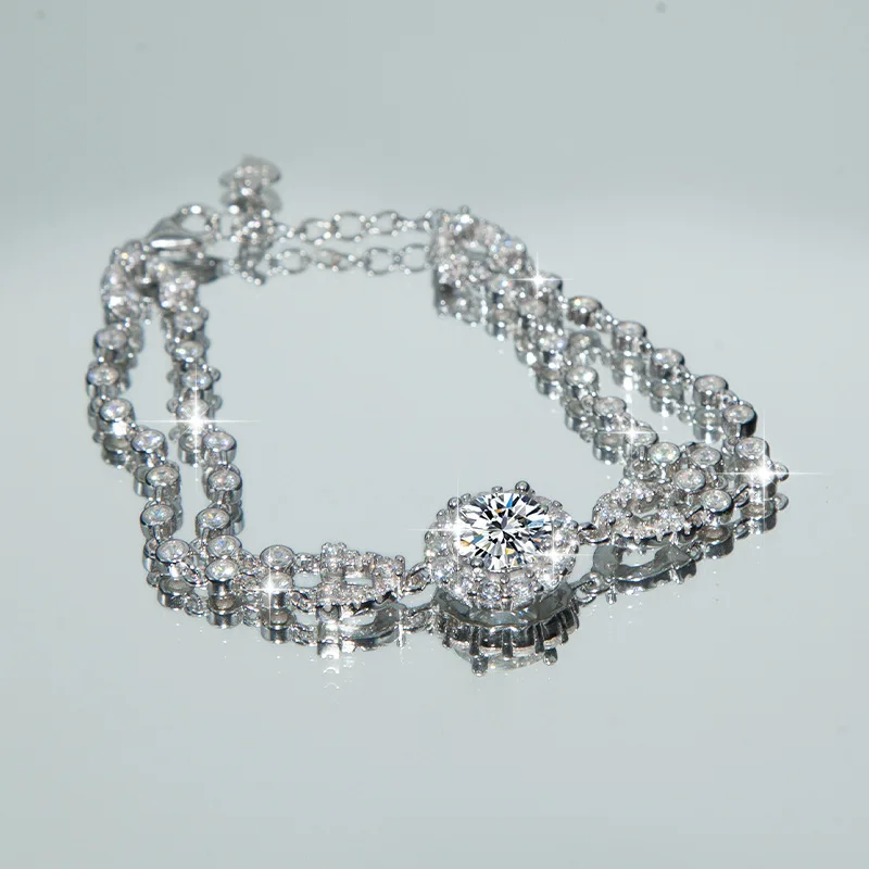 여성을위한 TY 2CT 라운드 Moissanite 팔찌 S925 스털링 실버 팔찌 트렌디 쥬얼리 선물 팔찌 럭셔리 빛나는 팔찌