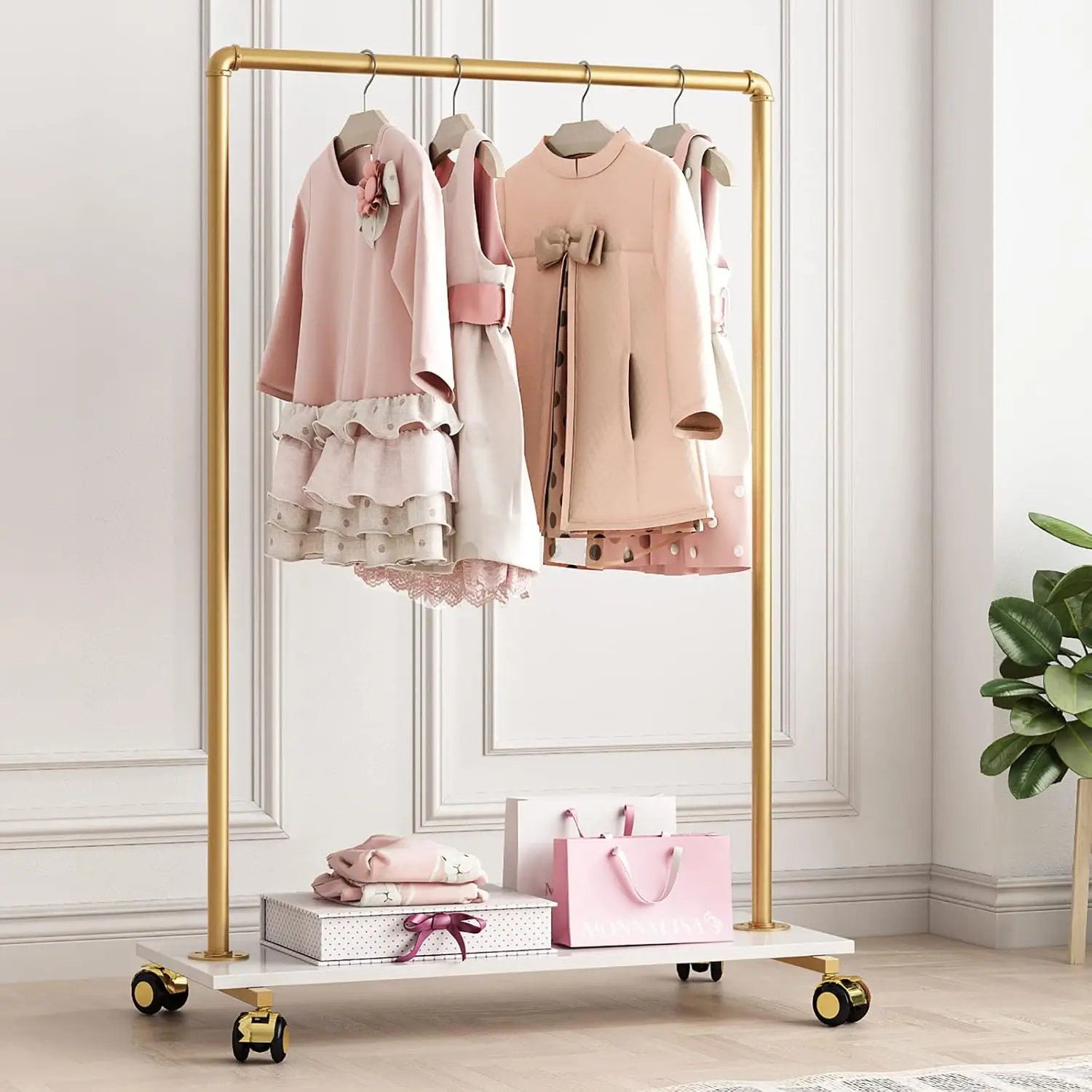 

Gold Metal Clothing Rack with Wood Shelf, Heavy Duty Rolling Garment Rack with Wheels for Bedroom Retail Boutique Use