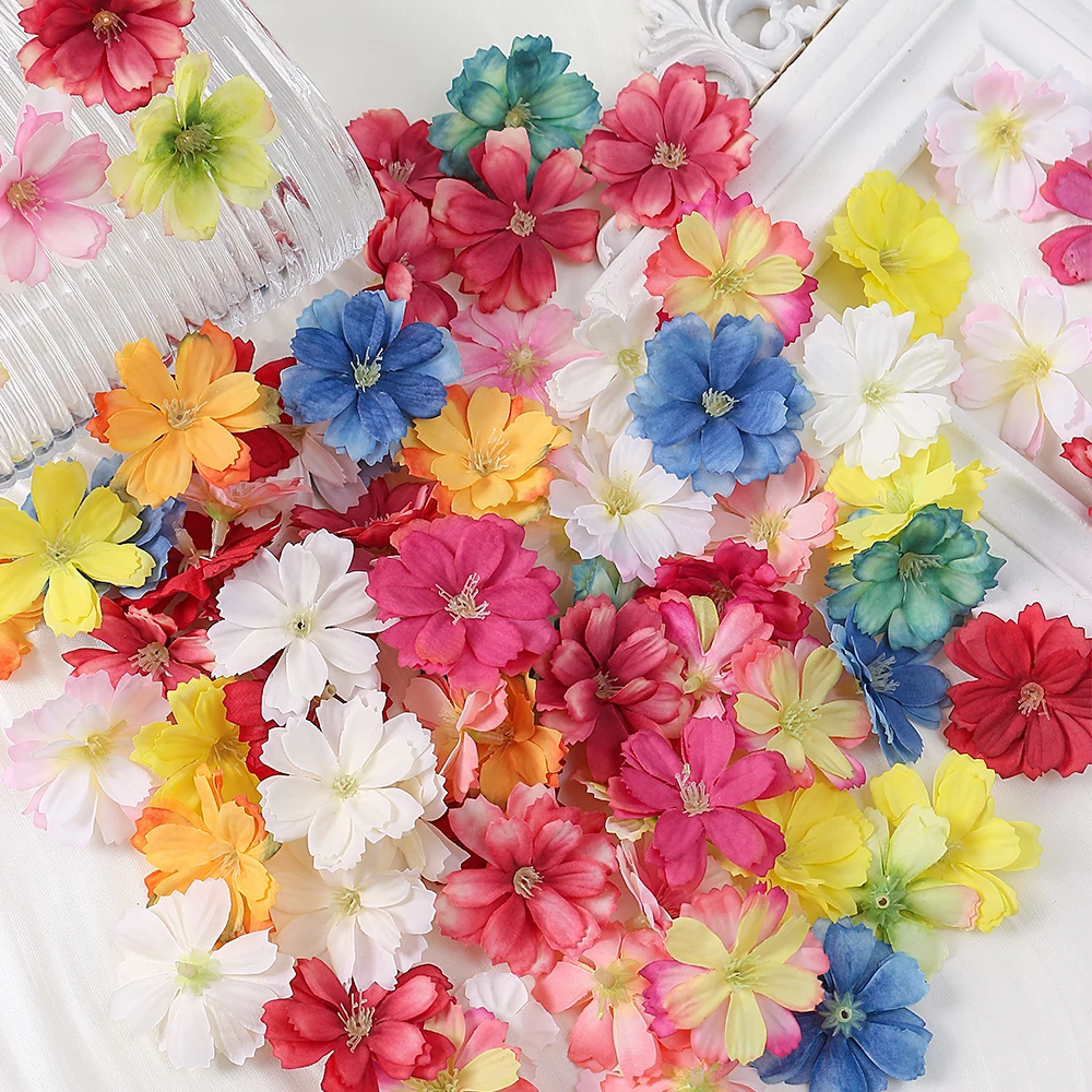 50Pcs Artificial Cherry Blossom Flowers Head Fake Plum Blossom Flower Decoration For Home Wedding Party Car Corsage Decorations