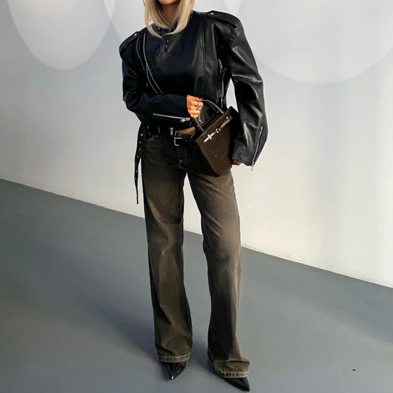 

Black Leather Jacket With Zipper Women Cool Motorcycle Leather Jacket Punk Trendy Chic Coat 2025 Autumn New Female Streetwear