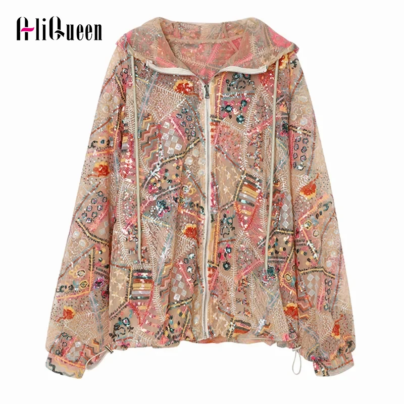 

Summer Korean Coats Women Loose Casual Sequins Embroidery Hooded Jacket Lace Sun Protection Clothing Cardigan Jackets Outerwear