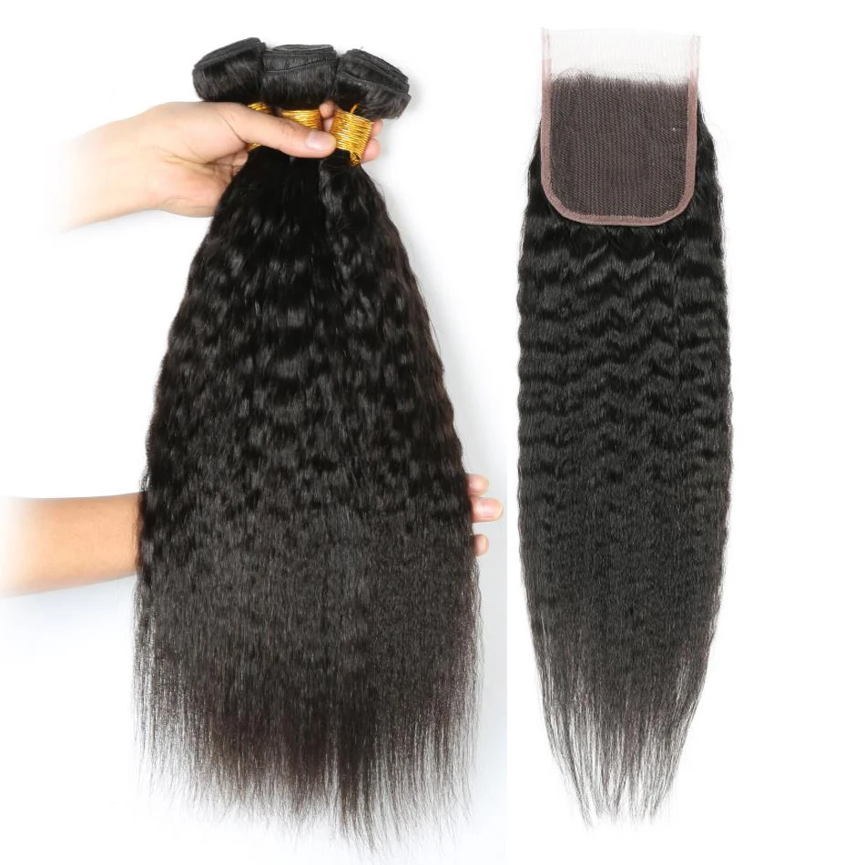 Hairugo kinky pacotes retos com fechamento brasileiro 100% fechamento do cabelo humano com o cabelo do bebê não-remy cabelo tecelagem dupla trama