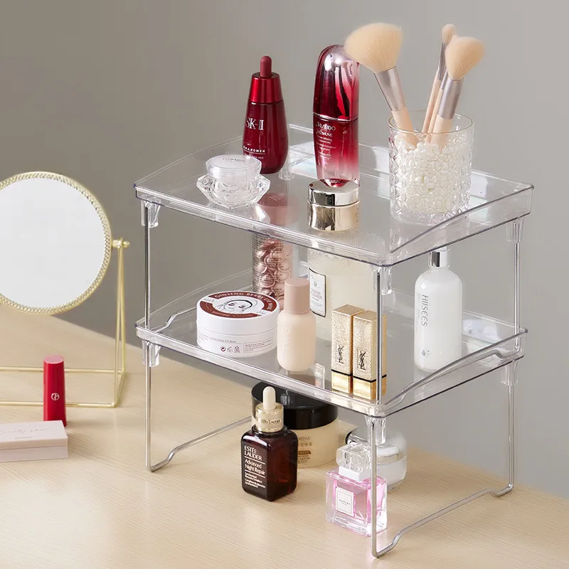 Transparent Makeup Organizer Girls  Acrylic Cosmetic Storage Holder Stackable Multi Functional Bathroom Two Layer Cabinet Shelf