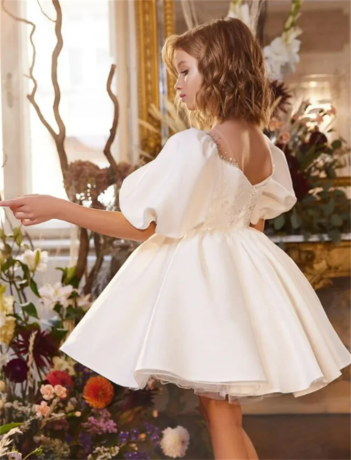 Vestido macio de renda de tule para florista, branco, brilhante, elegante, primeira criança, eucarística, festa de aniversário, casamento