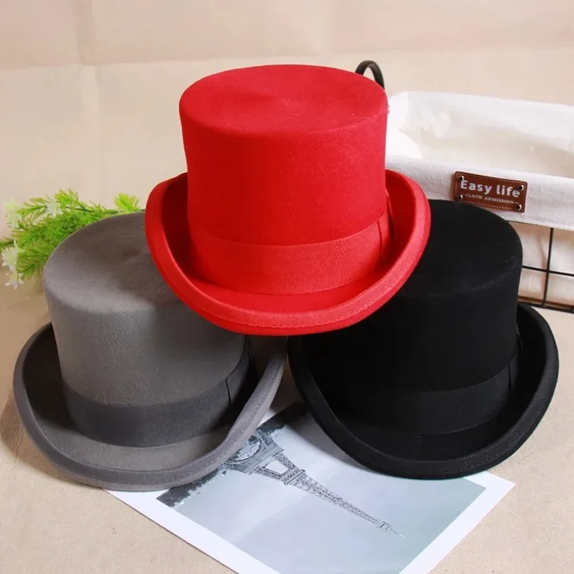 Wool Flat Man Top Hat Fashion Fedora Hats Versatile Panama Magician Cap Gentleman Cylinder Strap Steampunk Unisex Elegant