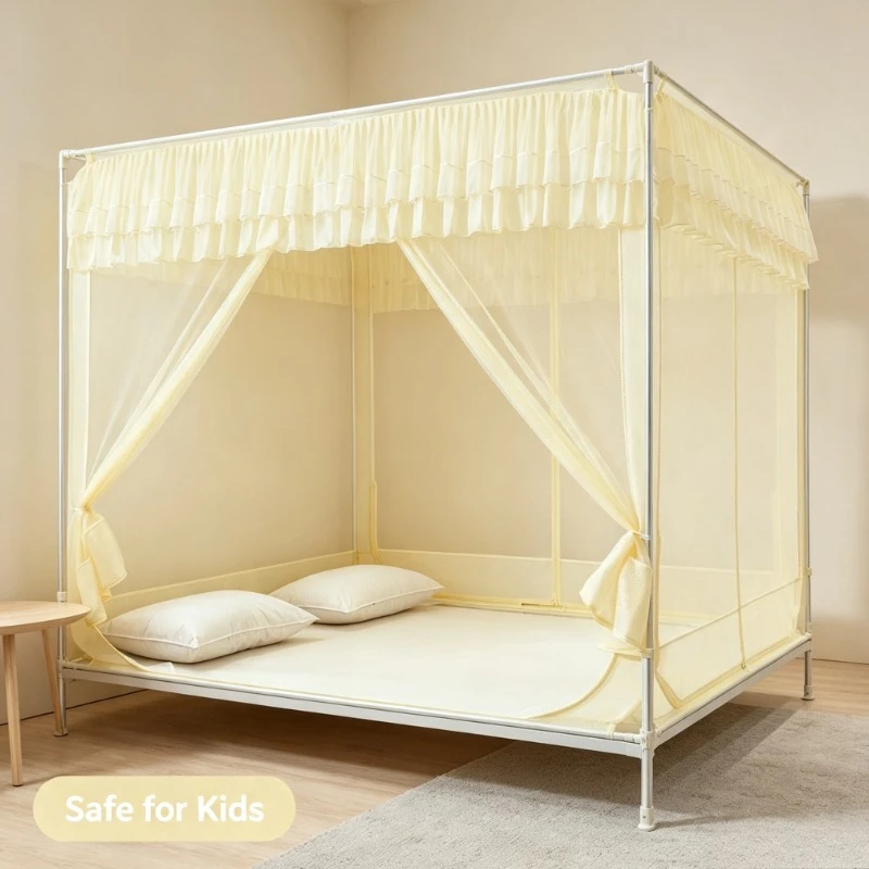 Yellow Square Top Mosquito Net Palace Style Full Enclosure Bed Canopy for Bedroom Home Decor