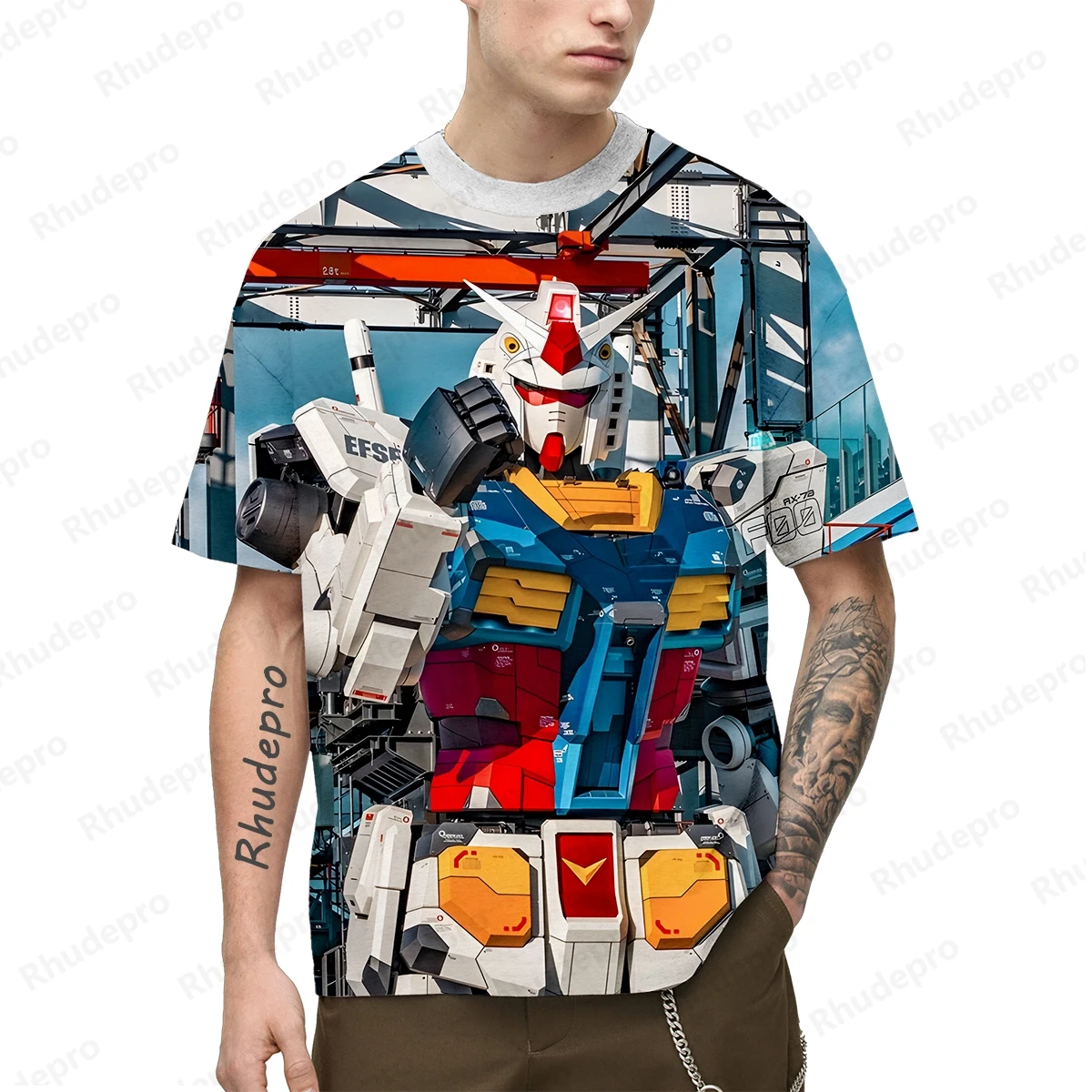 Camiseta de manga curta estilo Harajuku masculina, streetwear modelo Gundam, camiseta masculina extragrande, tops, roupas Harajuku, Y2K Essentials,