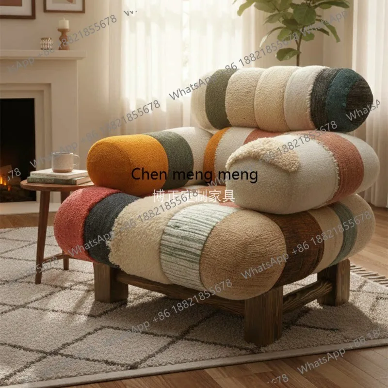 Nordisches Vintage-Kontrast-Plüsch-Einzelsofa, Farbblock-Modul-Lammwollsofa, cremefarbenes Sofa, Sessel im cremefarbenen Stil