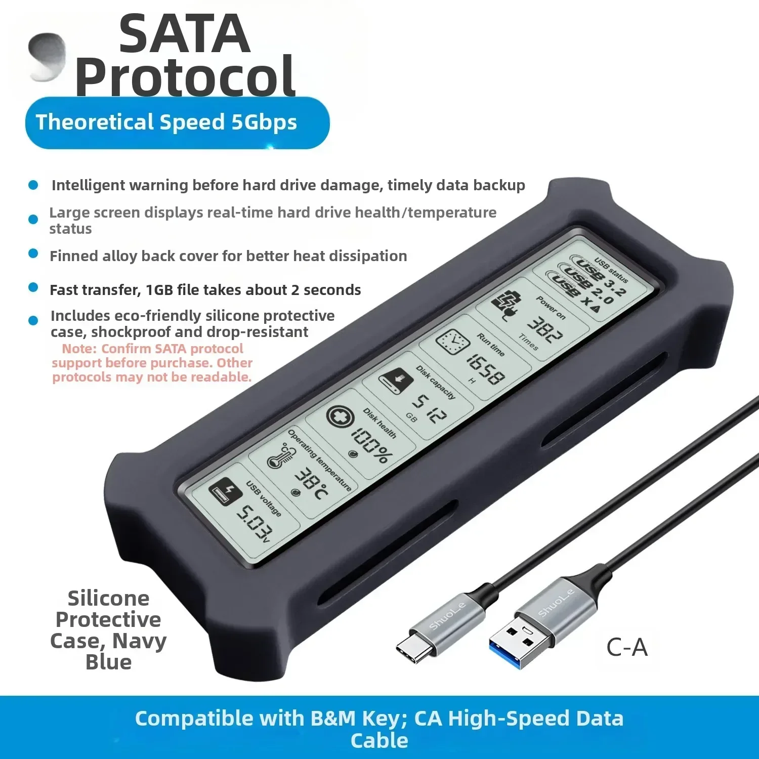 

Robust M.2 NVMe Enclosure with HD Screen for Live Drive Data Monitoring 10Gbps Speed with USB C Interface for PC and Laptop