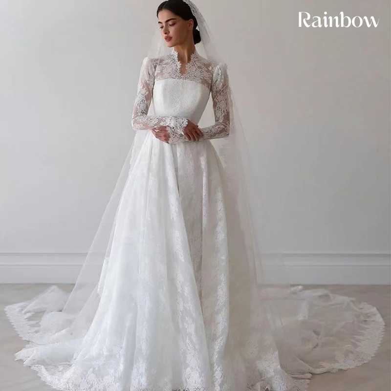 

Fully Embroidered Lace Wedding Dress Exquisite A-Line Ball Gown High-Neck Full Sleeve Customized Bride Muslim Vestido De Novia